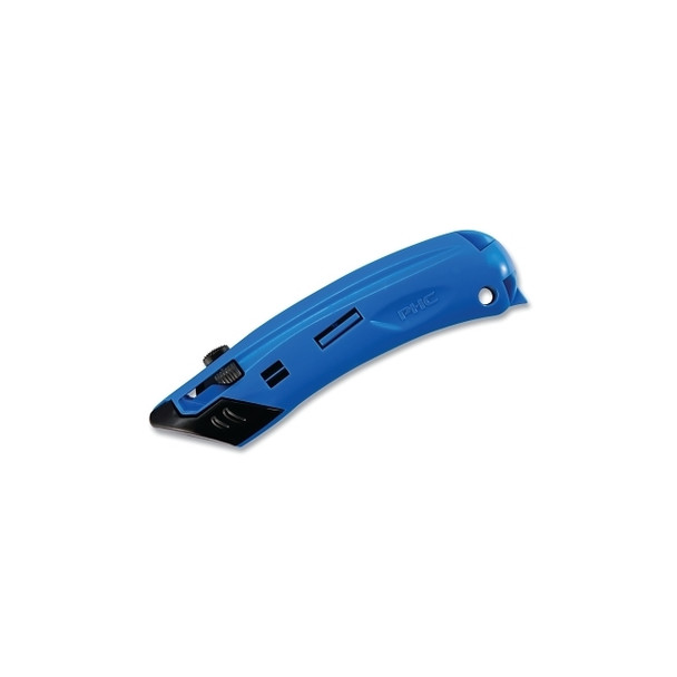 EZ4™ Guarded Safety Knife, Auto-Retract, 3-Button, Plastic, Holds 5 Additional Blades, Blue