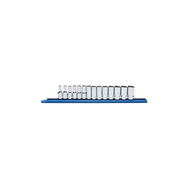 Socket Set, 1/2 in Dr, 6-point, Metric, 12 mm to 24 mm, 13-Pc Standard Length, Incl Rail