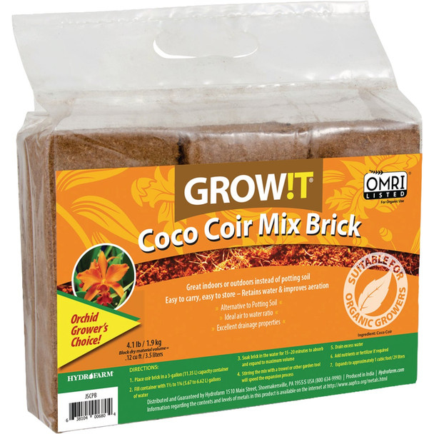 Hydrofarm GROW!T Organic Coco Coir Brick Planting Mix (3-Pack) JSCPB