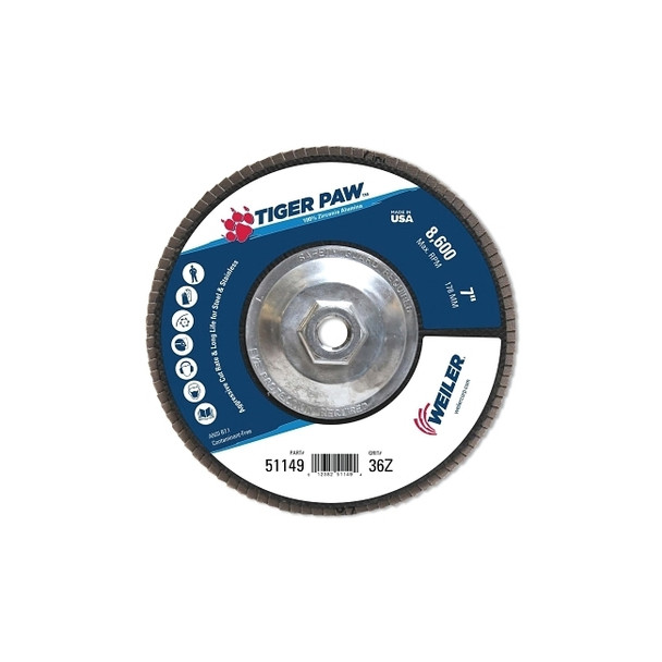 Tiger Paw™ TY29 Coated Abrasive Flap Disc, 7", 36 Grit, 5/8 Arbor, 8,600 RPM