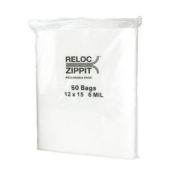 Reclosable Bag, Zip Seal, 15 in L, 12 in W, 6 mil Thick, Polyethylene, Clear