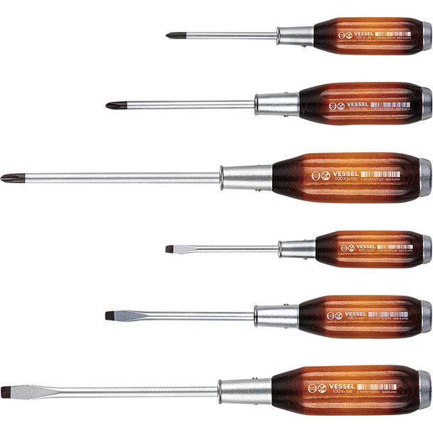 Premium Wood Handle Tang-Thru Screw Driver 6PC. Set 1006PBU