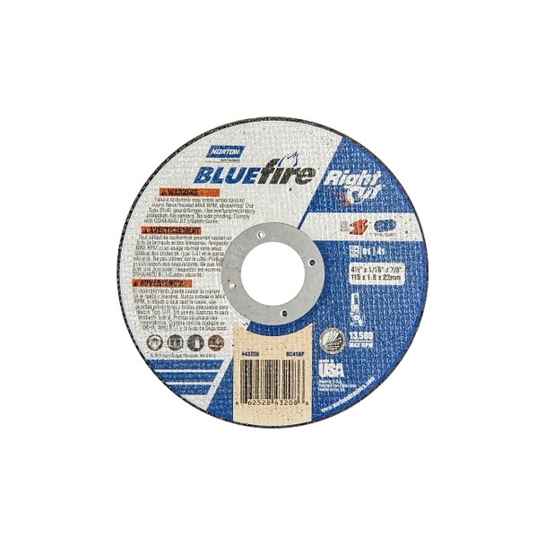 Type 01 BlueFire Right Cut Cut-Off Wheel, 4 1/2 in Dia, 1/16 Thick, Alum. Oxide