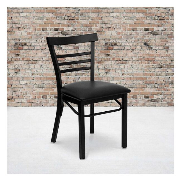 Black Three-Slat Ladder Back Metal Chair,Black Vinyl Seat,PK2