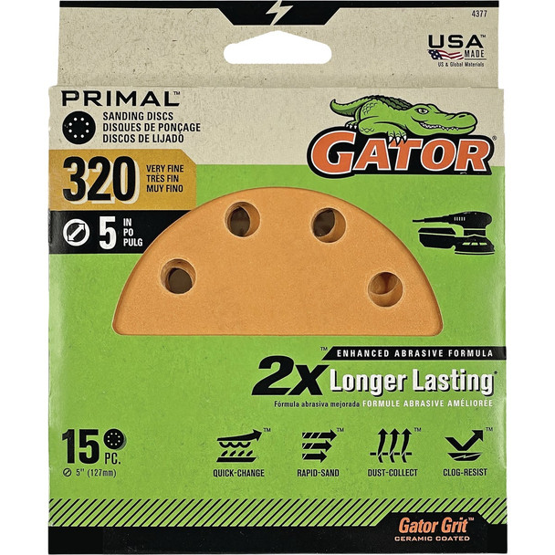 Gator 5 In. 8-Hole 320-Grit Hook & Loop Sanding Disc (15-Pack) 4377