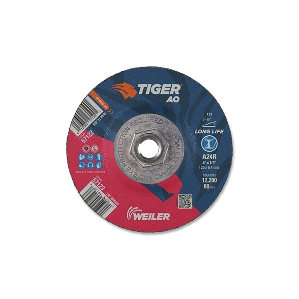 Tiger® AO Grinding Wheel, 5 in dia x 1/4 in Thick, 5/8 in-11 UNC Arbor, A24R, Type 27 Pack of 10