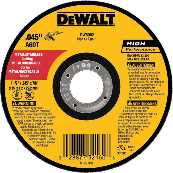 DW8062 DEWALT HP Type 1 4-1/2 In. x 0.045 In. x 7/8 In. Metal/Stainless Cut-Off Wheel