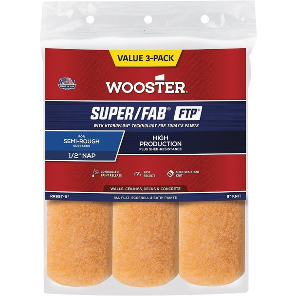 RR927-9 Wooster Super/Fab FTP 9 In. x 1/2 In. Knit Fabric Roller Cover (3- Pack)