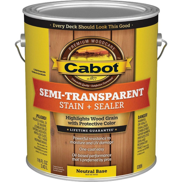 140.0000306.007 Cabot Semi-Transparent Deck & Siding Exterior Stain & Sealer, Neutral Base, 1 Gal.