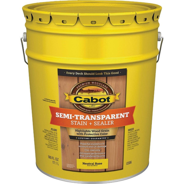 140.0000306.008 Cabot Semi-Transparent Deck & Siding Exterior Stain & Sealer, Neutral Base, 5 Gal.
