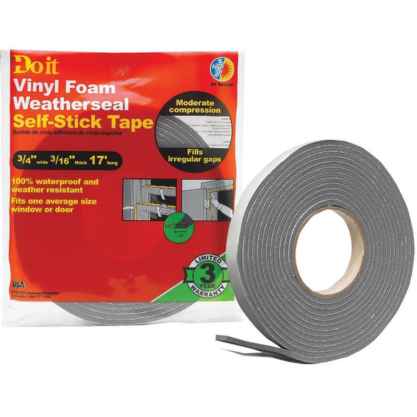 V215GHDI 3/4" W x 3/16" T x 17' L Charcoal Foam Weatherstrip Tape