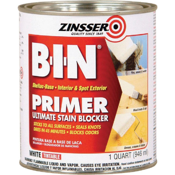 904 Zinsser B-I-N Shellac-Based Ultimate Stain Blocker Interior & Spot Exterior Primer, White, 1 Qt.