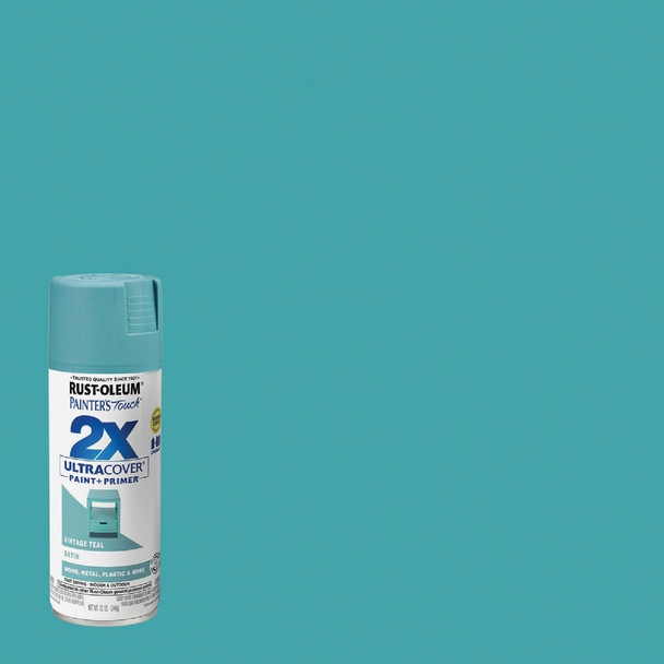 334090 Rust-Oleum Painter's Touch 2X Ultra Cover 12 Oz. Satin Paint + Primer Spray Paint, Vintage Teal