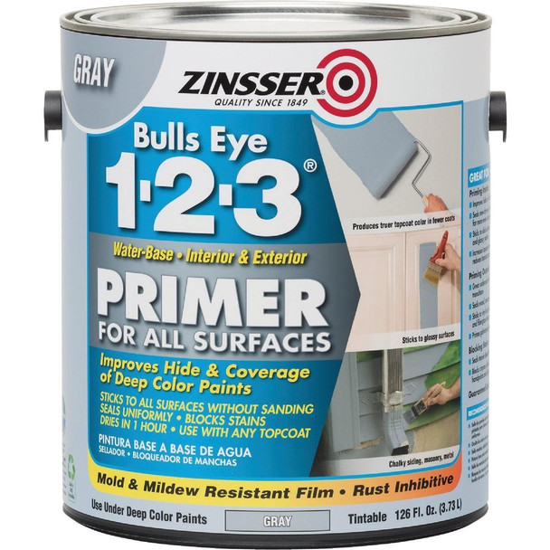 285085 Zinsser Bulls Eye 1-2-3 Water-Base Interior/Exterior Stain Blocking Primer, Gray, 1 Gal.