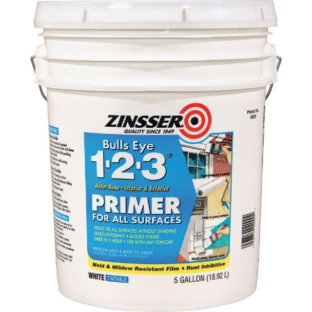 2000 Zinsser Bulls Eye 1-2-3 Water-Base Interior/Exterior Stain Blocking Primer, White, 5 Gal.