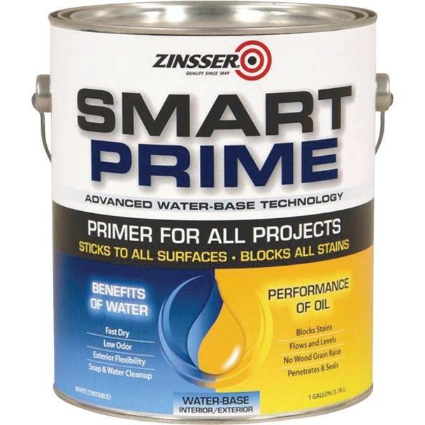 249729 Zinsser Smart Prime Water-Base Interior/Exterior Stain Blocking Primer, White, 1 Gal.