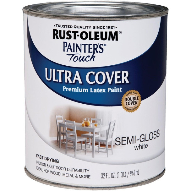 1993502 Rust-Oleum Painter's Touch 2X Ultra Cover Premium Latex Paint, White Semi-Gloss, 1 Qt.
