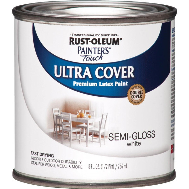 1993730 Rust-Oleum Painter's Touch 2X Ultra Cover Premium Latex Paint, White Semi-Gloss, 1/2 Pt.