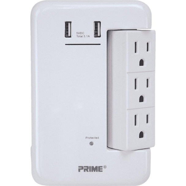 PBRUSB346S Prime Wire & Cable 6 Power & 2 USB White Rotating Surge Tap USB Charger