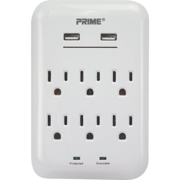 PBUSB346S Prime Wire & Cable 6 Power & 2 USB White Wall Charger