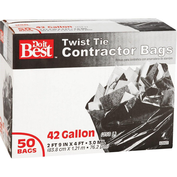 628422 42 Gal. Twist Tie Contractor Black Trash Bag (50-Count)