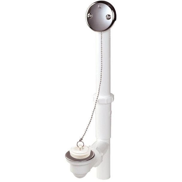 61W Keeney Plastic Bath Drain with Polished Chrome Trim and Chain and Stopper