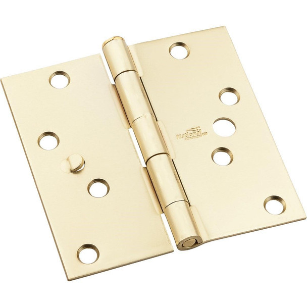 N830403 National 4 In. Satin Brass Square Door Hinge, (3-Pack)