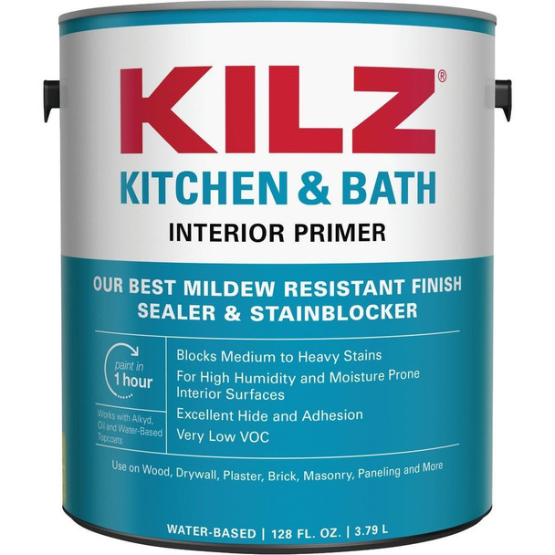 L204511 Kilz Kitchen & Bath Water-Based Low VOC Interior Primer Sealer Stainblocker, White, 1 Gal.