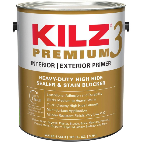 13041 KILZ 3 Premium Water-Base Interior/Exterior Sealer Stain Blocking Primer, White, 1 Gal.