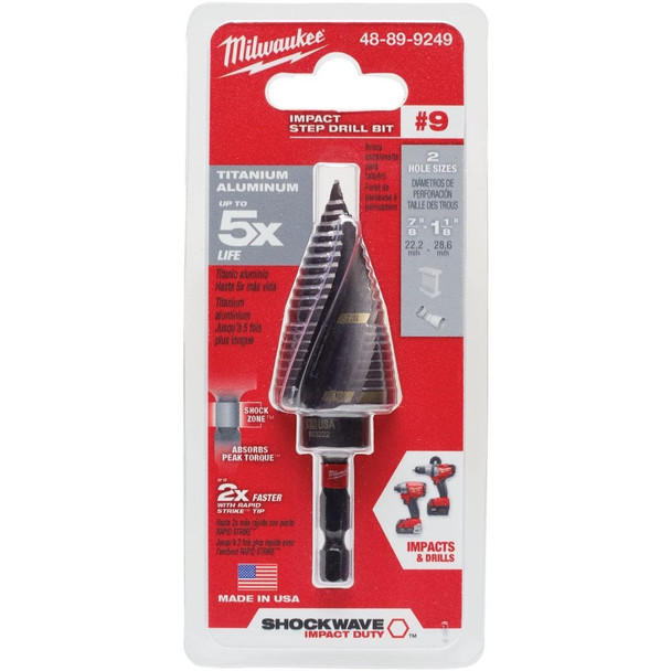 48-89-9249 Milwaukee Shockwave Impact Duty 7/8 In. - 1-1/8 In. #9 Step Drill Bit, 2 Steps