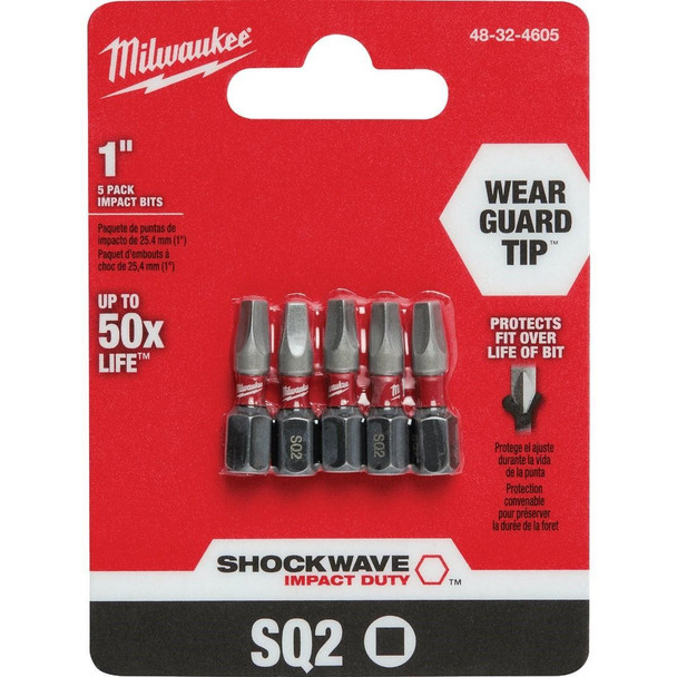 48-32-4605 Milwaukee SHOCKWAVE #2 Square Recess 1 In. Insert Impact Screwdriver Bit (5-Pack)