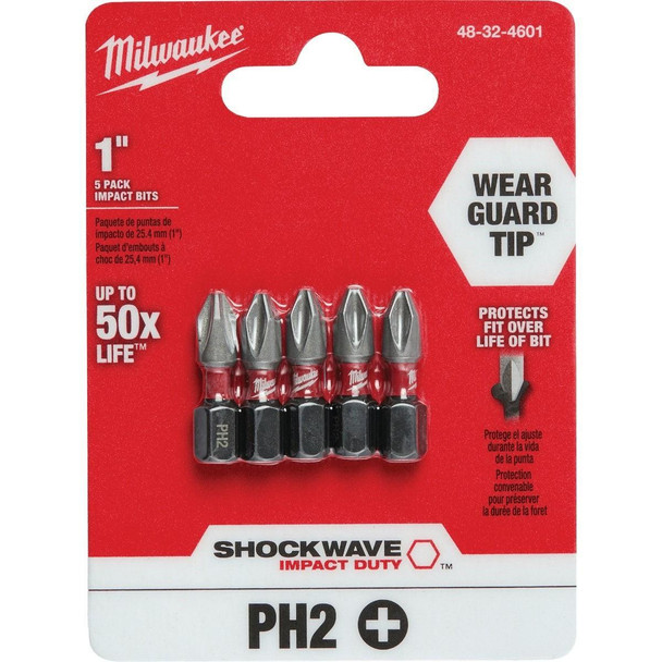 48-32-4601 Milwaukee SHOCKWAVE #2 Phillips 1 In. Insert Impact Screwdriver Bit (5-Pack)