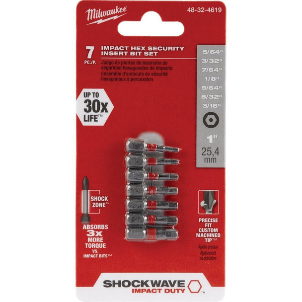 48-32-4619 Milwaukee SHOCKWAVE Hex Security Insert Impact Screwdriver Bit Set (7-Piece)