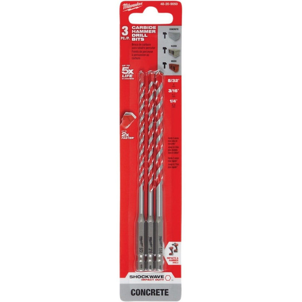 48-20-9050 Milwaukee SHOCKWAVE 3-Piece Carbide Masonry Drill Bit Set