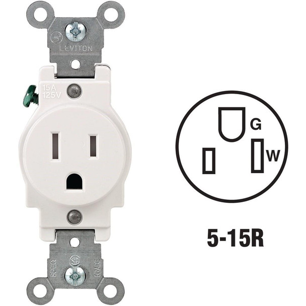 R52-T5015-0WS Leviton 15A White Commercial Grade 5-15R Tamper Resistant Single Outlet