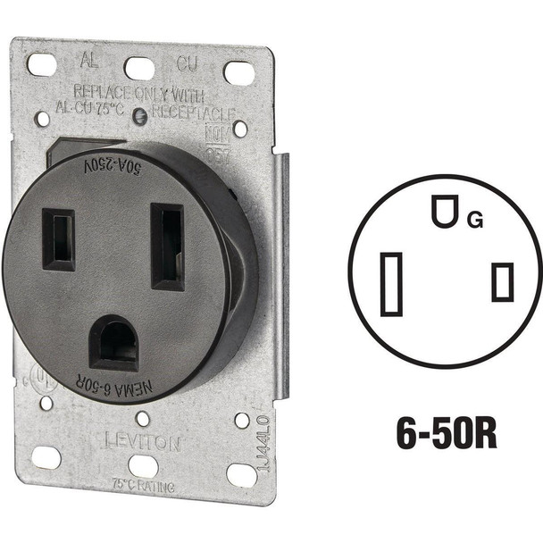 R10-05374-S00 Leviton 50A Flush Mount Black 6-50R Welder Power Outlet