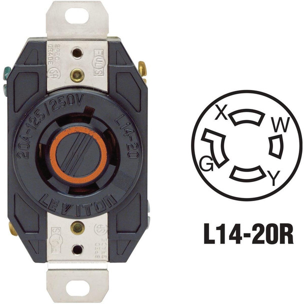 065-02410-000 Leviton 20A 125V/250V Black Industrial Grade L14-20R Locking Outlet Receptacle
