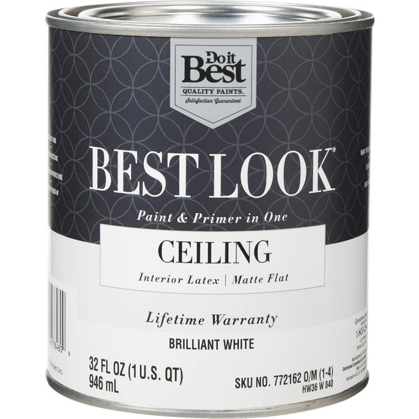 HW36W0840-14 Best Look Latex Paint & Primer In One Matte Flat Ceiling Paint, Brilliant White, 1 Qt.