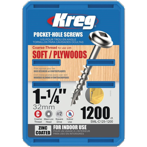 SML-C125-1200 Kreg #8 1-1/4 In. Coarse Maxi-Loc Washer Head Zinc Pocket Hole Screw (1200 Ct.)