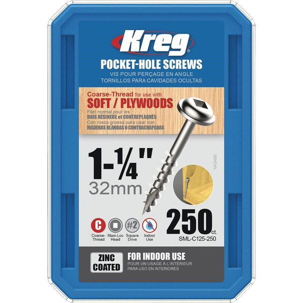 SML-C125-250 Kreg #8 1-1/4 In. Coarse Maxi-Loc Washer Head Zinc Pocket Hole Screw (250 Ct.)