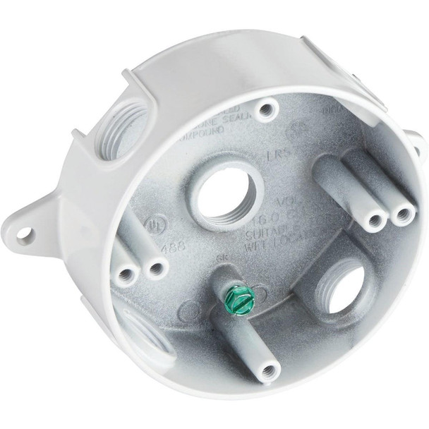 5361-1 Bell 4 In. 5-Outlet 1/2 In. White Weatherproof Outdoor Round Box, Shrink Wrapped
