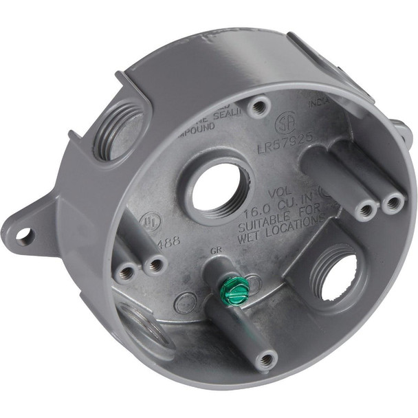 5361-0 Bell 4 In. 5-Outlet 1/2 In. Gray Weatherproof Outdoor Round Box, Shrink Wrapped