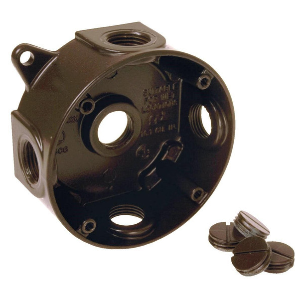 5361-2 Bell 4 In. 5-Outlet 1/2 In. Bronze Weatherproof Outdoor Round Box, Shrink Wrapped
