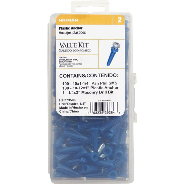 373506 Hillman #10 - #12 Thread x 1 In. Pan Phillips Head Blue Plastic Anchor Kit