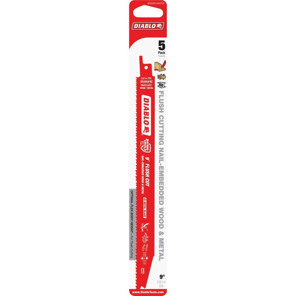 DS0914AFC5 Diablo 9 In. 10/14 TPI Flush Wood/Metal Reciprocating Saw Blade (5-Pack)