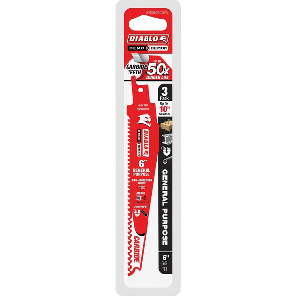 DS0609CGP3 Diablo Demo Demon 6 In. 6/9 TPI Carbide General Purpose Reciprocating Saw Blade (3-Pack)