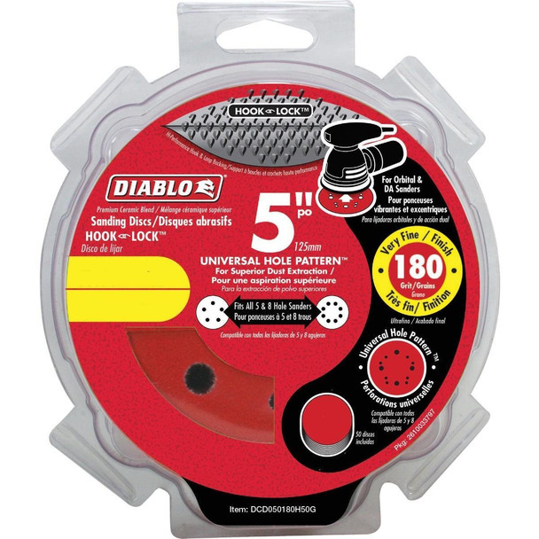 DCD050180H15G Diablo 5 In. 180-Grit Universal 5-Hole Hook and Lock Vented Sanding Disc (15-Pack)