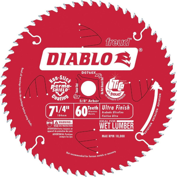 D0760X Diablo 7-1/4 In. 60-Tooth Finish/Wet Lumber Circular Saw Blade