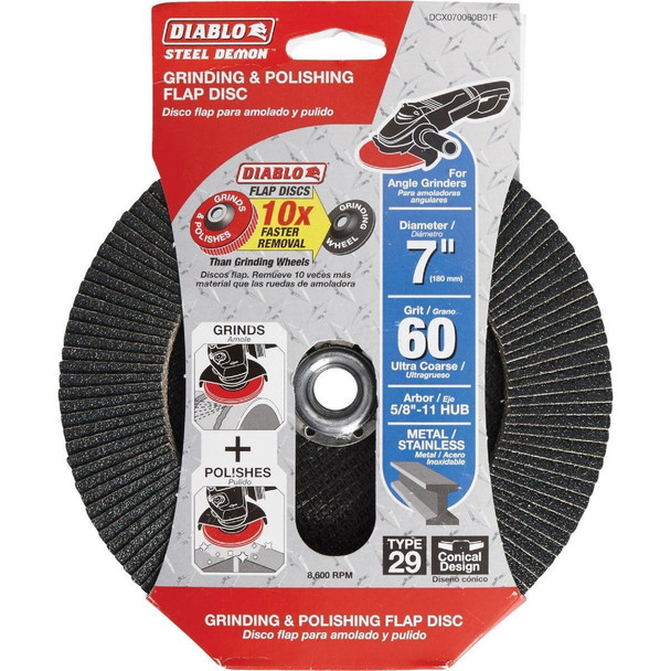 DCX070060B01F Diablo 7 In. x 5/8 In.-11 60-Grit Type 29 Steel Demon Angle Grinder Flap Disc with Hub