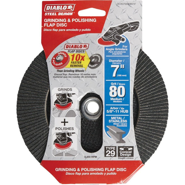 DCX070080B01F Diablo 7 In. x 5/8 In.-11 80-Grit Type 29 Steel Demon Angle Grinder Flap Disc with Hub